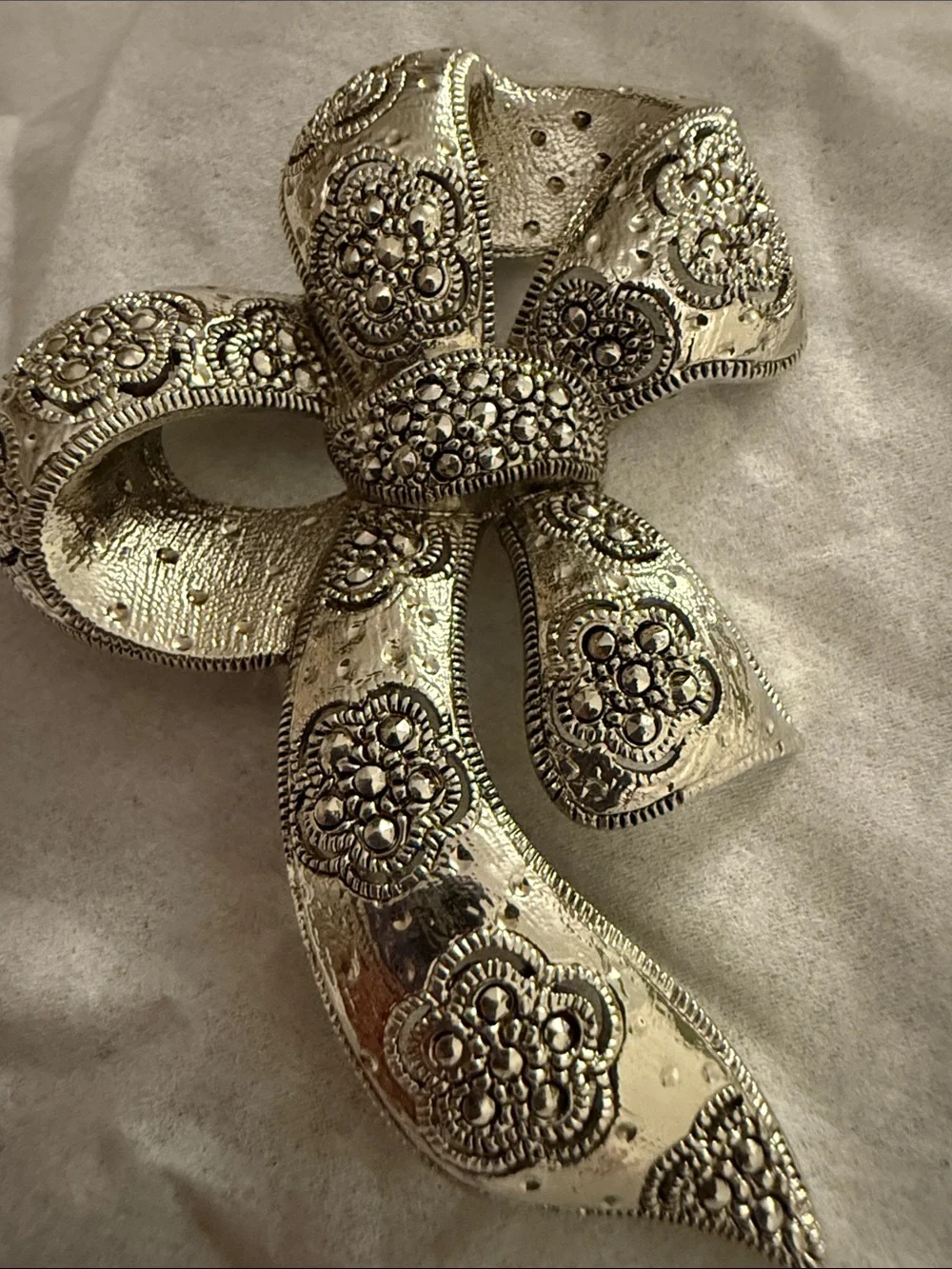 Ornate Silver Bow Floral Brooch - Women’s Statement Jewelry